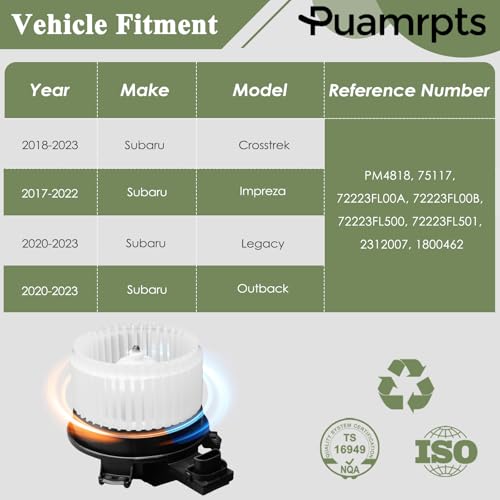 Image of AC Blower Heater Motor Compatible with - Subaru vehicels - Crosstrek 2018-2023, Impreza 2017-2022, 2020-2023 Legacy & Outback - Replace# PM4818, 75117, 72223FL00A