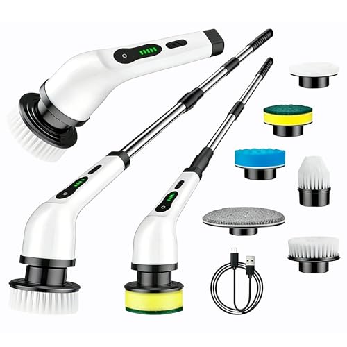 Electric Spin Scrubber with Long Handle，Cordless Bathroom & Kitch...