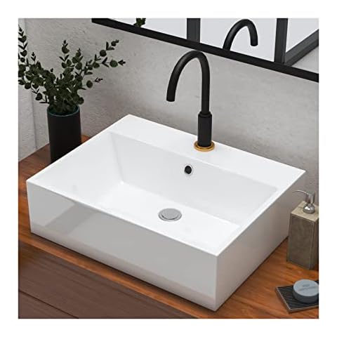 MEJE 21x16.5-Inch White Bathroom Vessel Sink,Rectangular Above Counter Sink, Porcelain Ceramic Wall Hang Sink, Art Basin,Wash Basin for Lavatory Vanity Cabinet… Cover