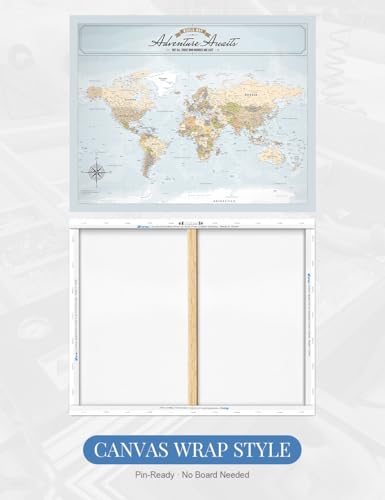 Image of IPIC - Canvas World Maps for Wall Decor, Push Pin Map Decor to Mark Travels, Large World Travel Map Print for Home, Office, Study, and RV, Ready to Hang