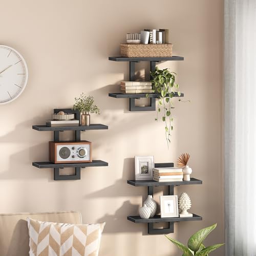 Image of HOOBRO Floating Shelves, 15 Inch Wall Shelf Set of 3, Wall Mounted Storage Shelves 2-Tier, Hanging Bathroom Shelves, for Living Room, Bedroom, Bathroom, Kitchen, Black BK32BJP301
