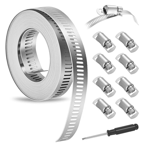 Bridas Metalicas, Abrazaderas Metalicas,3,5m abrazaderas de manguera ajustables, Bridas de Acero Inoxidable 304 para Envolver Cables, Cercas, con 10 sujetadores y 1 destornillador