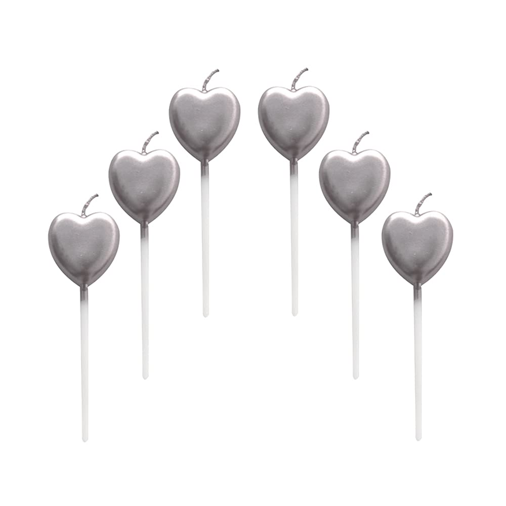 Lahviuu Silver Heart Birthday Candles,6 Pcs Metallic Exquisite Cake Candles For Birthday Wedding Party Cupcakes Topper Decorations Anniversary Valentines Day,