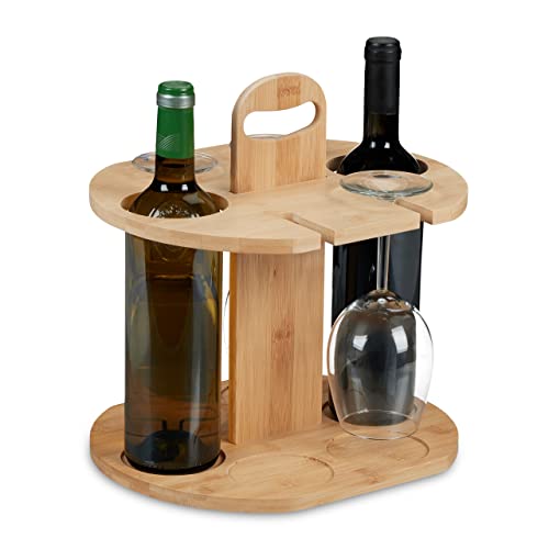 Relaxdays Weinbutler, Bambus, Weinhalter für 2 Flaschen & 4 Gläser, HBT: 30,5x30x25 cm, Geschenk Weinliebhaber, Natur