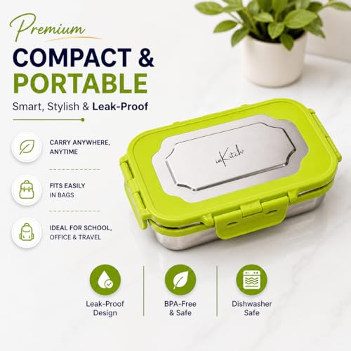 Image of Insulated Stainless Steel Lunch Box Combo Set 800ml with Airtight Leak-Proof Clip Lock Lid, Durable (Green Tiffin with Bottle)