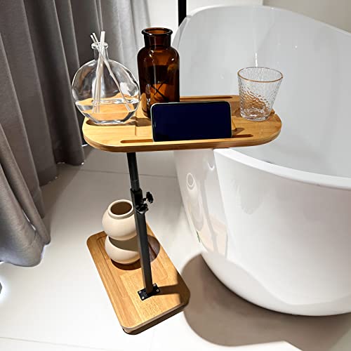 Sandpaint Bamboo Bathtub Tray Table With Adjustable Height，A More Stable Bath Tub Tray Table，Bathturb Side Table For Against Wall With Wine Glass Bookshelf And Telephone Stand #TOP1