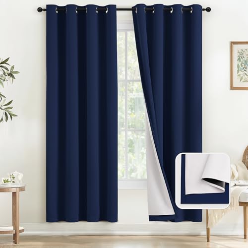 Image of COSVIYA Navy Blue 100% Blackout Curtains for Bedroom with White Back | 2 Thick Layers Full Room Darkening Thermal Insulated Curtain,Grommet Window Drapes for Living Room, 52x72 Inch, 2 Panels