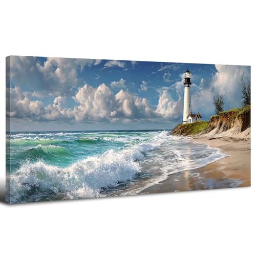 Peinture Océan Bleu et Tableau sur Toile Paysage Côtier | Décoration Maison 50x100