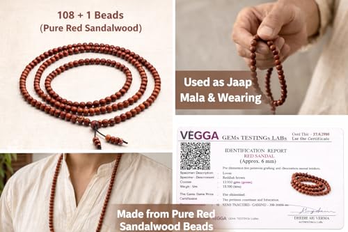 Image of Lal Chandan Mala | Red Sandalwood Mala | Red Chandan | 108 + 1 Beads for Jaap | Meditation, Pooja, Chanting, Wearing | 7-8 MM Beads | Rakht Chandan | with Certificate on Authentication