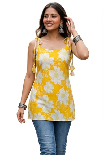 Image of Women's Cotton Floral Printed Short Kurti - Sleeveless Tie-Up Shoulder Casual Summer Tunic Top - Soft & Breathable Floral Kurti