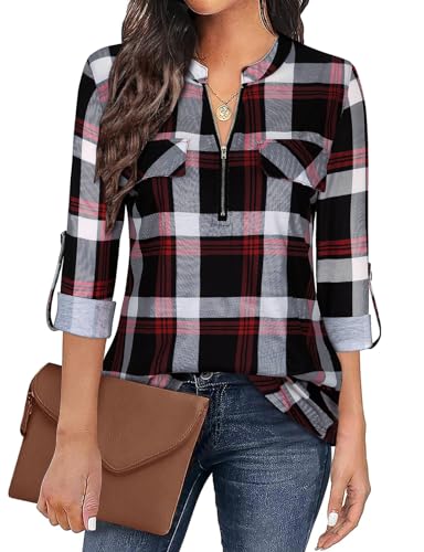Gemulate Tops for Women UK Womens Zip Up Plaid Tunic Blouse Long 3/4 Roll Sleeve Polo Top Floral Printed Shirts Plaid Red 2-M