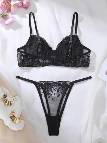 Image of Sexy Floral Embroidered Flower Mesh Underwire Push Up Lingerie Set