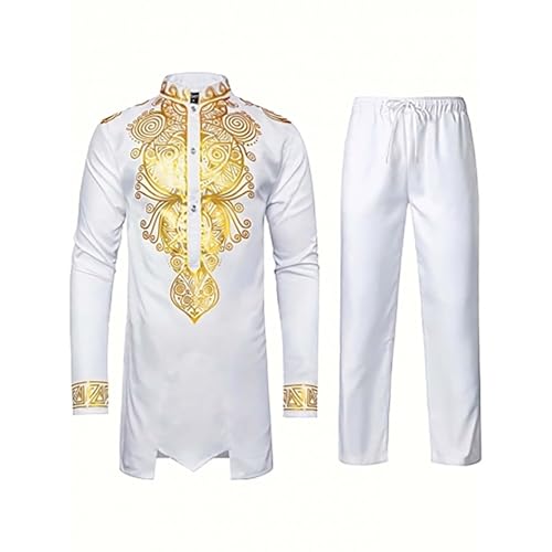 Conjunto africano de 2 piezas para hombre, manga larga, estampado Dashiki y pantalón dorado, traje tradicional, traje étnico, traje de 2 piezas, para hombre, túnica tradicional con motivo dorado y