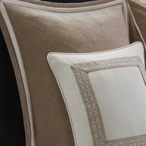 Image of Madison Park Signature Oversized Queen Comforter Set, Luxury Hotel Style Bedding with Embroidered Details, All Season Down Alternative Comforter, Matching Shams&Decorative Pillows, Tan /Ivory, 8 Piece