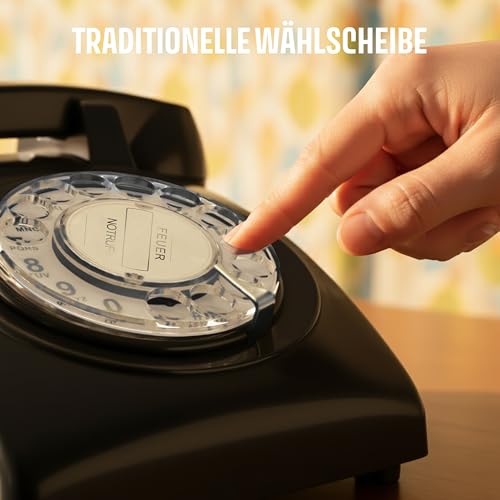 Opis Technology 60s Cable Retro Telefon mit Wählscheibe – Klassisches Festnetztelefon, mechanische Metallklingel & Vintage Design, kompatibel mit modernen Routern (FritzBox etc.) – Schwarz