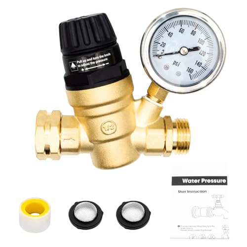 Image of RV Water Pressure Regulator for RV Camper, Handle Adjustable RV Water Pressure Regulator, Brass Lead-Free RV Water Pressure Regulator with 0-160 PSI Gauge and 2 Inlet Screened Filters