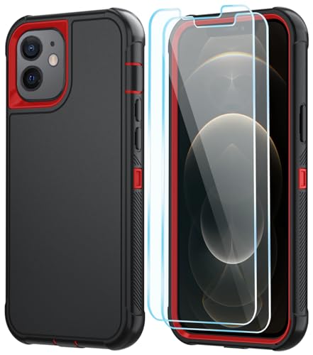 Image of SunStory Compatible with iPhone 12 /12 Pro Case with HD Screen Protector, 3-Layer Heavy Duty Full-Body Cover,3 in 1 Hybrid Protective Case for iPhone 12 /12 Pro 6.1 inch,BlackRed