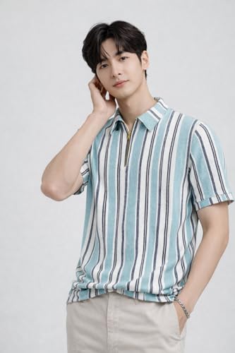 Image of London Hills Men's Loose Fit Half Sleeve Vertical Striped Polo T-Shirt with Zip Collar | Premium Polyester Fabric | T Shirt for Man | Tshirt | Shirts Men | Tshirt for Man | Men T-Shirts