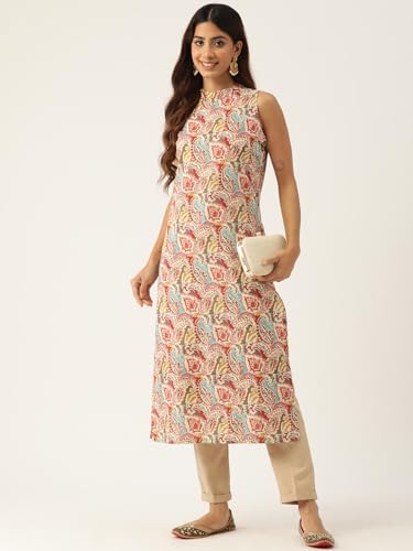 Image of feranoid Unique Printed Choker Neck Back Button Sleeveless Long Kurti