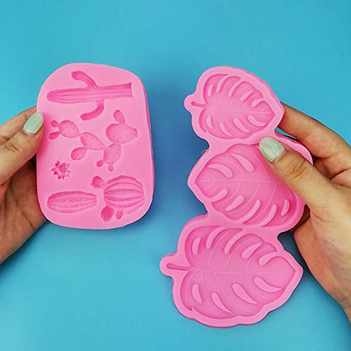 Tropical Leaf Monstera Cactus Silicone Molds, 2 Pcs Cake Decorating Molds for Chocolate Baking Resin Polymer Clay Soap Making (Pink)