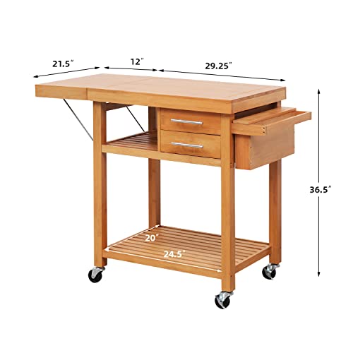 Erommy Rolling Bamboo Wood Kitchen Island Cart, Multi-Purpose Kitchen Trolley Cart On Wheels, Kitchen Cart With Drawers, Folding Wooden Countertop, Open Storage Shelves, Towel Rack, Locking Casters #TOP2