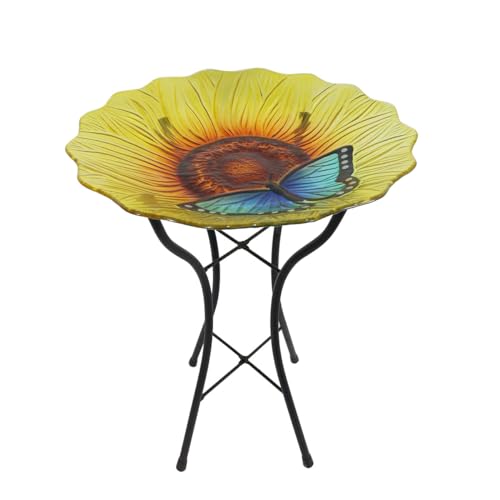 Briarwood Lane Spring Glass Butterfly and Sunflower Bird Bath Including Metal Stand For Spring Birdbath