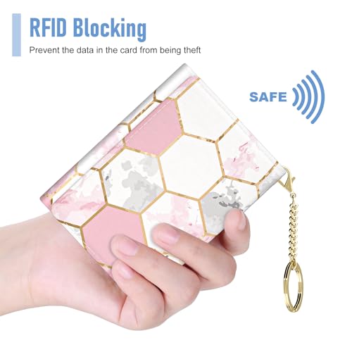 Image of Rouidr Womens Wallet, Small Slim RFID Card Wallets for Women, Cute Front Pocket Trifold Leather Card Organizer with 7 Slots & ID Window, Pink Hexagon
