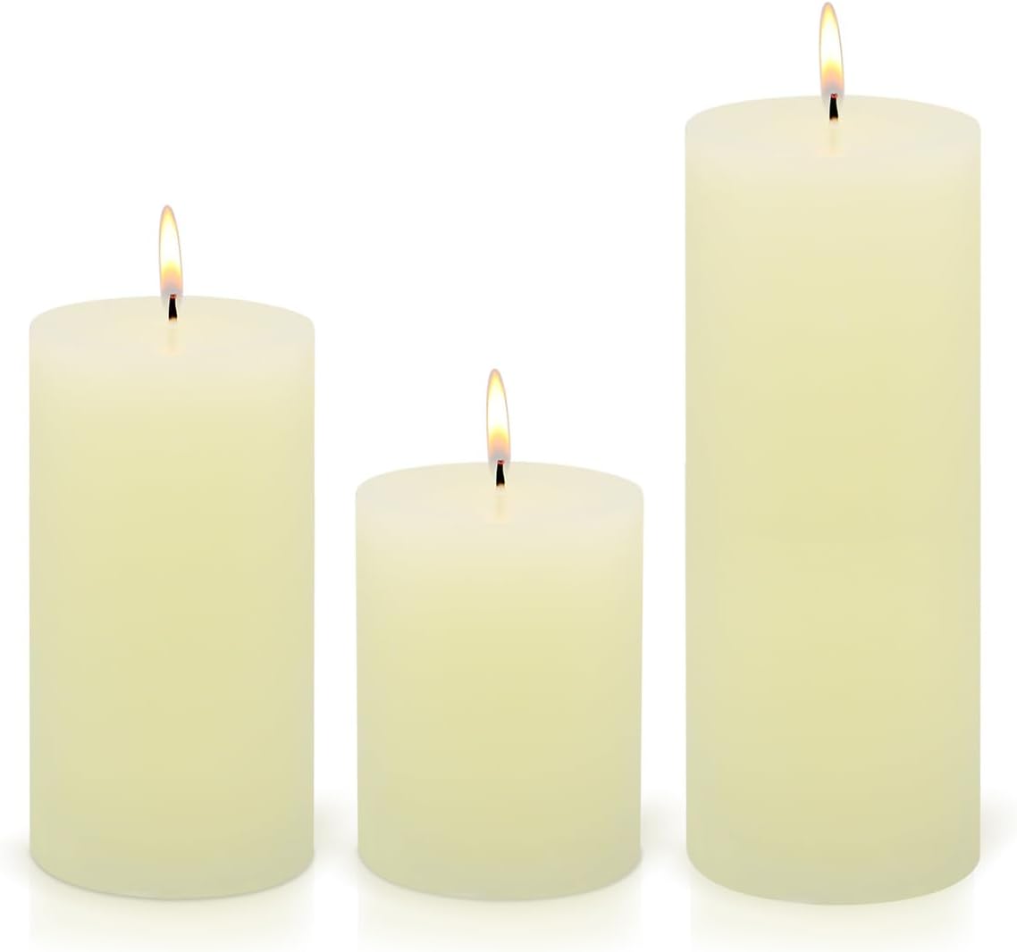 Pillar Candles Set of 3 – Unscented Dripless Rustic Ivory Candles for Home Decor, Weddings, Table Settings (3” W x 3”, 4”, and 6” H)