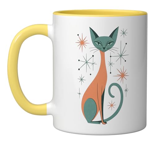 Retro Siamese Cat Mid Century Modern Atomic Starburst 1950s Ceramic Mug, Yellow/White