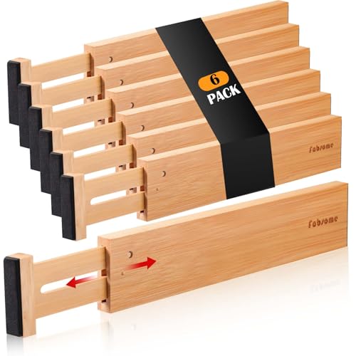 Fabsome Drawer Divider 6 Pack, Bamboo Dresser Organizers for Clothes Socks Underwear Baby Clothing, Wooden Separators for Nursery Organization Adjustable from 12.5” to 17” with Soft Foam Ends