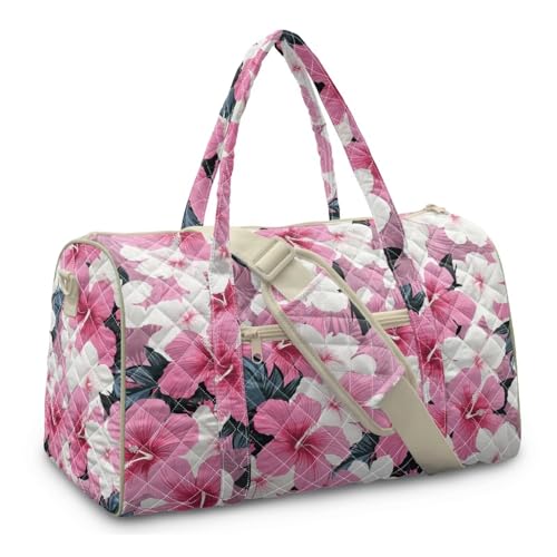 Youngerbaby Pink Hibiscus Quilted Duffle Bags for Women Travel – Personal Overnight Weekender Bag with Trolley Sleeve, Cute Large Duffel Bag for Pool Resort Gym Yoga with Adjustable Handles