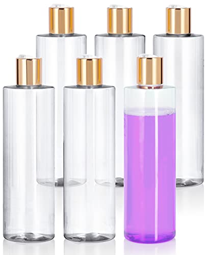 JUVITUS Clear 16 oz / 500 ml Professional Cylinder PET Plastic Bottles (BPA Free) (6 pack) (Gold Disc Cap Lid)