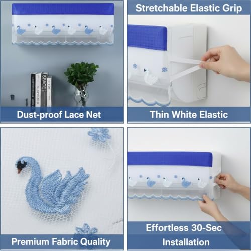 Image of Premium Cotton Net AC Cover for 1.5-2 Ton Split Air Conditioner | Dust Protection AC Indoor Unit Cover for Summer | Embroidered & Printed | Pack of 1 (Blue Duck)