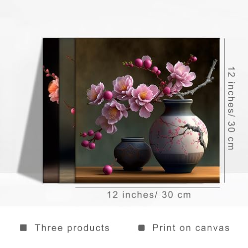 Piy Peach Blossom Painting Set of 3, Pink Flowers Canvas Prints Framed Pictures for Living Room Bedroom, Kitchen - 12x12inch - Image 2