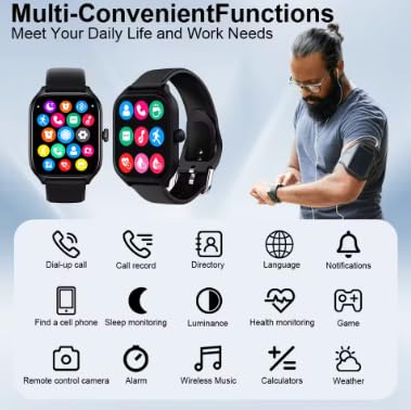 The H9 Pro Max Smartwatch displaying various app icons on its screen, with a person wearing the watch in the background. Text indicates 'Multi-Convenient Functions' and lists features like Dial-up call, Call record, Directory, Language, Notifications, Find a cell phone, Sleep monitoring, Luminance, Health monitoring, Game, Remote control camera, Alarm, Wireless Music, Calculators, and Weather.