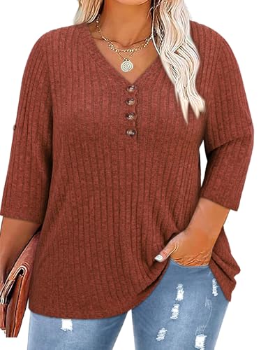 Image of Koscacy Women Plus Size V Neck 3 /4 Roll Sleeve Sweater Casual Knit Tops Solid Color Blouses
