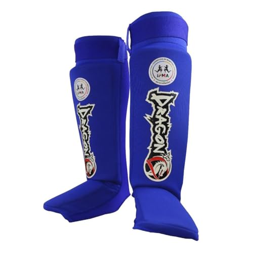 DragonDo 40610 IFMA Approved Neopren Schienbeinschützer & Spannschutz - Professioneller Muay Thai & Kickboxen Beinschutz - rutschfest, Stoßfest & Offizielle Wettkampfqualität (Blau, M)