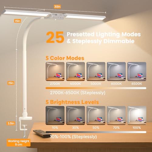 Image of SIBRILLE Upgraded LED Desk Lamp for Home Office with RGB, Rotatable Computer Desk Light with Remote, Tall Table Lamp with Clamp for Working, Dimmable Dual Head Task Lighting for Monitor PC, 22W