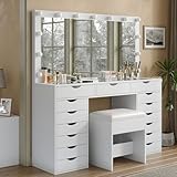 FUSOU 15 Drawers Dressing Table with Mirror and 13 LED Lights, Makeup Vanity with Power Outlet, 3 Color Modes, Adjustable Brightness, Glass Top Vanity for Dressing Room Bedroom, White - Image 7