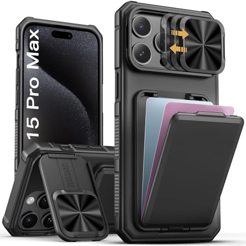 SSLOTSCASE for iPhone 15 Pro Max Case with Card Holder & Kickstand & Slide Camera Lens Cover & Camera Stand & Wallet Military-Grade Heavy Duty Phone Case Cover for iPhone 15 Pro Max 5G 2023 Black