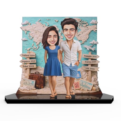 Image of Wood Rectangular Personalized Caricature Gift for Couple, 7 Inches, Tabletop Multicolor, Art Deco Style (COUPLE 16)