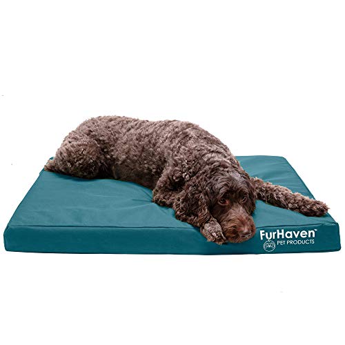 Furhaven Pet Dog Bed - Deluxe Orthopedic Mat Water-Resistant Indoor-Outdoor Logo Print Traditional Foam Mattress Pet Bed with Removable Cover for Dogs and Cats, Deep Lagoon, Large