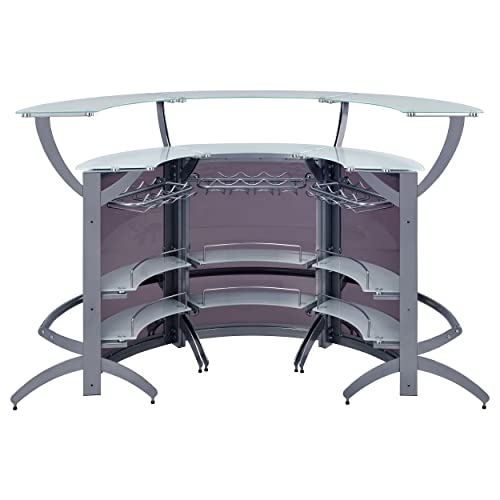 Coaster Modern Contemporary Metal 3Pc Curved Home Bar Table Storage Cabinet With Glass Top Shelves & Acrylic Panels, Silver #TOP3