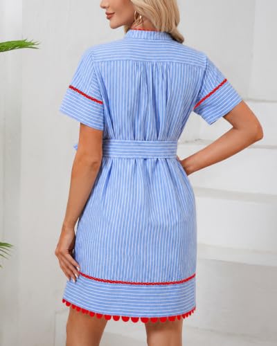 Image of Women's Summer Shirt Dress Short Sleeve Button Down Mini Tie Waist Belted Tunic with Pockets RIC Rac Trim