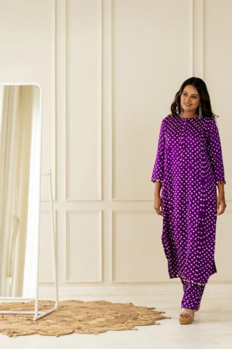 Image of LookMark Women Cotton Blend Bandhej Printed Bandhani Kurta Palazzo Set With Sequence Lace