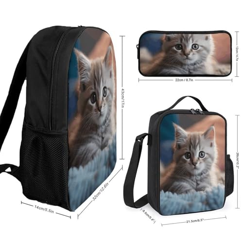 3 Piece Backpack for Women Men Lightweight Causal Daypack Shoulder Bag Set with Insulated Lunch Bag And Pencil Case Organizers Kitten Lying on Carpet2
