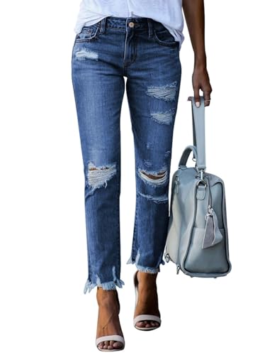 Sidefeel Women's Jeans High Waisted Straight Leg Ripped Boyfriend Denim Pants Size 16 Blue