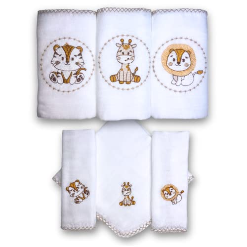 Kit SAFARI com 6 Fraldas De Pano Bordadas (3 De Ombro + 3 De Boca) (BEGE)