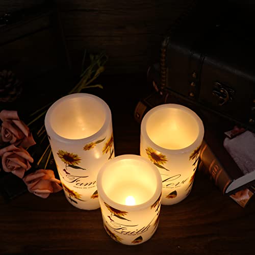 Image of Sunflower Flameless Flickering Candles with 6H Timer, Set of 3 Battery Operated White Real Wax LED Pillar Candles Party Dinner Wedding Spring Decor(3 x 4,5,6 Inches)