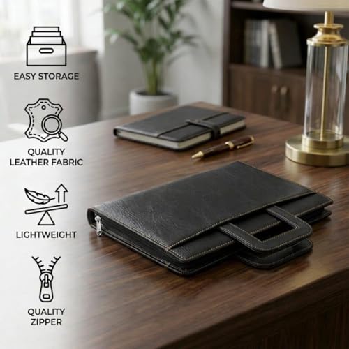 Image of STREPE ZK Black Leather File Organizer Bag with Handle, Zipper Portfolio Folder for Documents, Certificates, Cards & Tablet, Office Business Travel Case for Men & Women